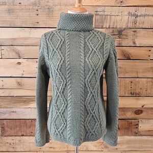 Paul James 100% Wool Olive Green Cropped Cable Knit Turtleneck Sweater Size M